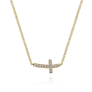 14K Yellow Gold .07Carat TW Diamond Sideways Cross Curved Necklace